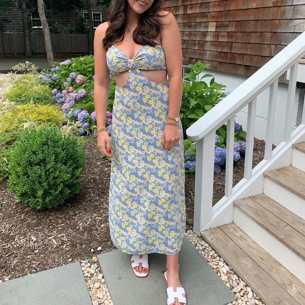 Lulu's Blue and Yellow Floral Backless Dress